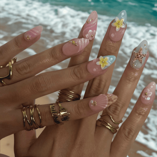 pastel summer nails  with seashells, daisies, starfish, and pearls — handmade luxury nail art in pastel pink and soft blue tones, reusable and custom-fit — perfect for beach getaways, tropical nails art for holiday, vacation, beach day