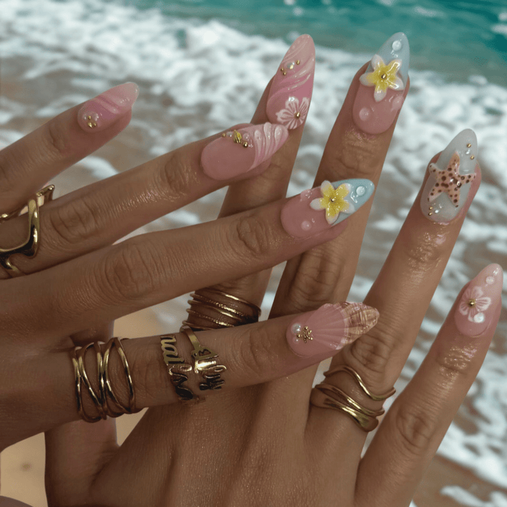 pastel summer nails  with seashells, daisies, starfish, and pearls — handmade luxury nail art in pastel pink and soft blue tones, reusable and custom-fit — perfect for beach getaways, tropical nails art for holiday, vacation, beach day