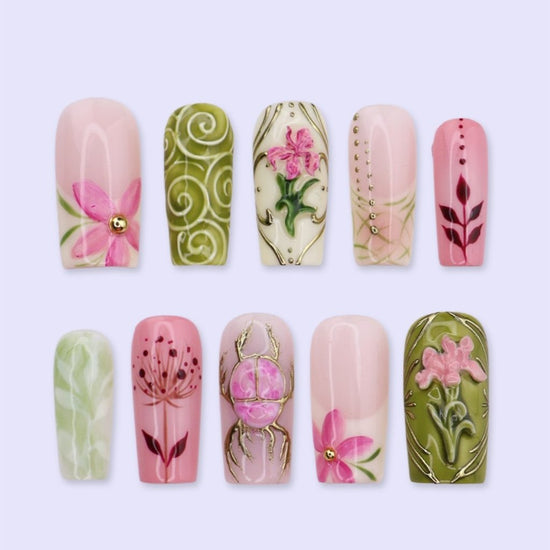 Handmade Green press on nails with Beetle, Floral & Leaf, Medium Square luxury handmade nail art, false nails, pressons — perfect for Holiday, Vacation, Birthday