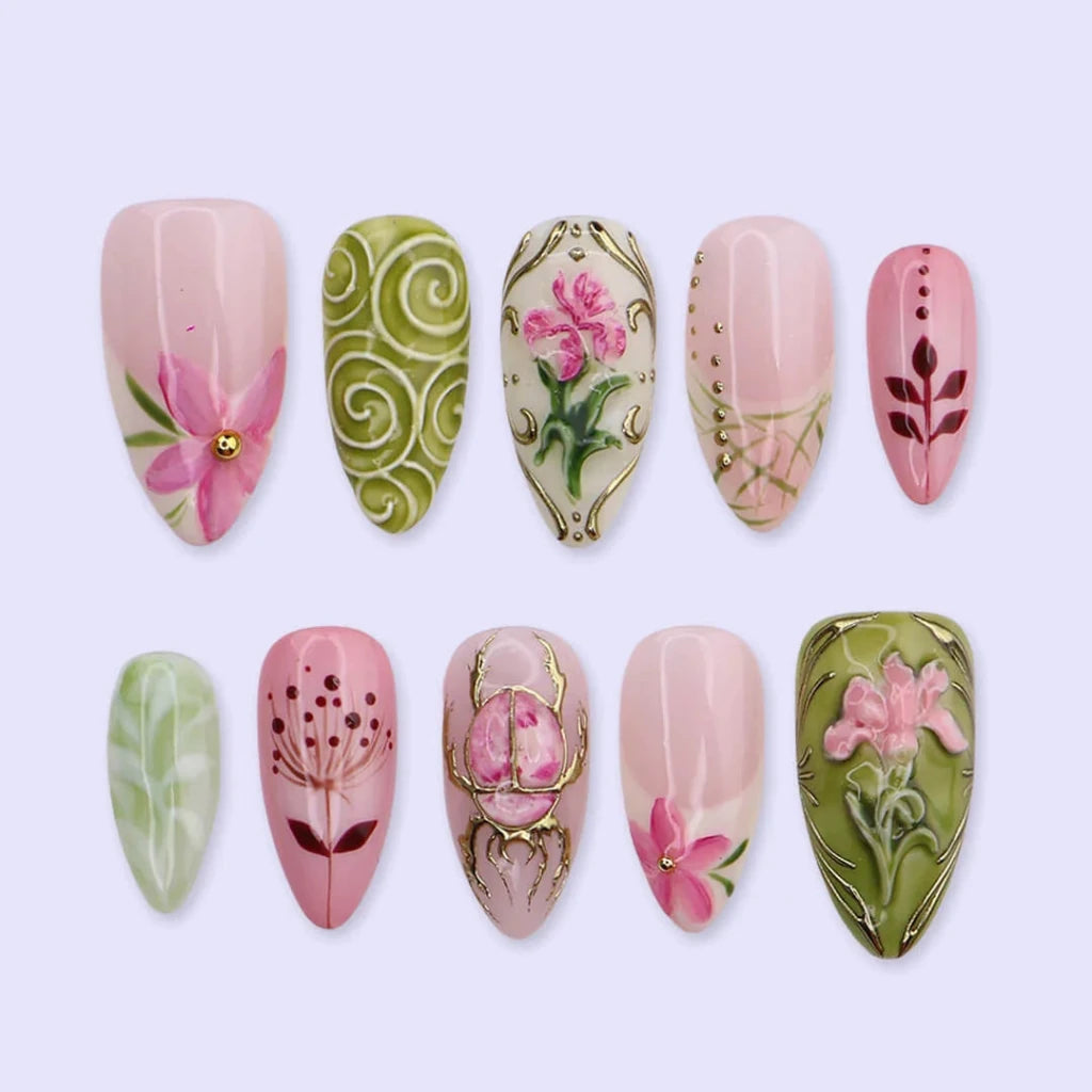 Handmade Green press on nails with Beetle, Floral & Leaf, Medium Almond luxury handmade nail art, false nails, pressons — perfect for Holiday, Vacation, Birthday