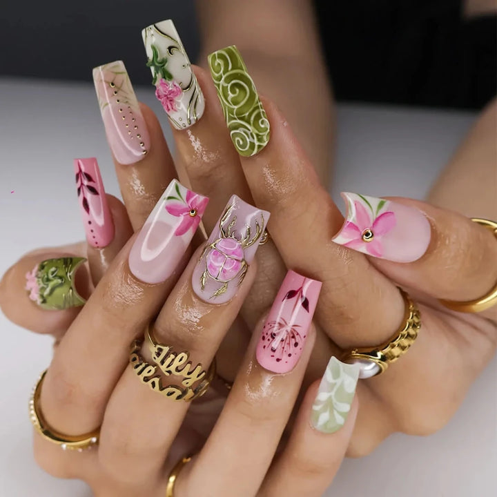 Handmade Green press on nails with Beetle, Floral & Leaf, Medium Square luxury handmade nail art, false nails, pressons — perfect for Holiday, Vacation, Birthday