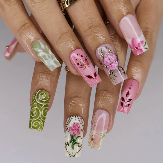 Handmade Green press on nails with Beetle, Floral & Leaf, Medium Square luxury handmade nail art, false nails, pressons — perfect for Holiday, Vacation, Birthday