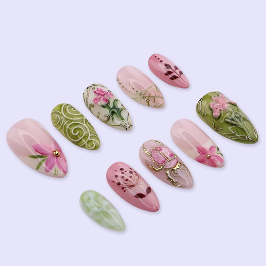 Handmade Green press on nails with Beetle, Floral & Leaf, Medium Almond luxury handmade nail art, false nails, pressons — perfect for Holiday, Vacation, Birthday