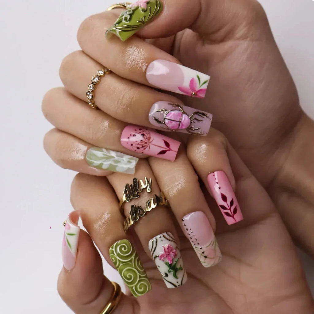 Handmade Green press on nails with Beetle, Floral & Leaf, Medium Square luxury handmade nail art, false nails, pressons — perfect for Holiday, Vacation, Birthday