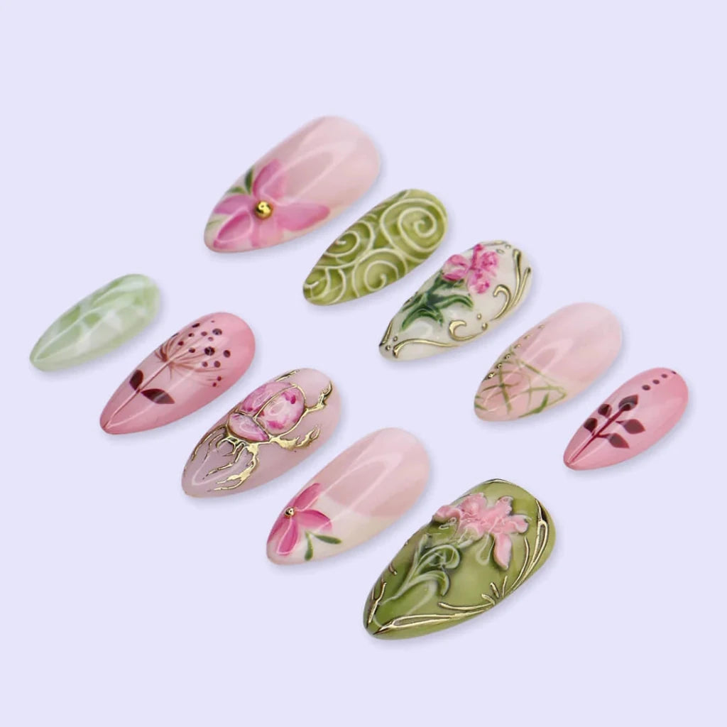 Handmade Green press on nails with Beetle, Floral & Leaf, Medium Almond luxury handmade nail art, false nails, pressons — perfect for Holiday, Vacation, Birthday