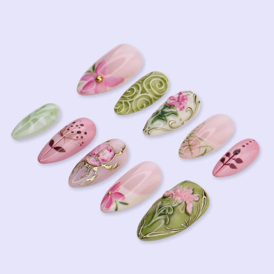 Handmade Green press on nails with Beetle, Floral & Leaf, Medium Almond luxury handmade nail art, false nails, pressons — perfect for Holiday, Vacation, Birthday