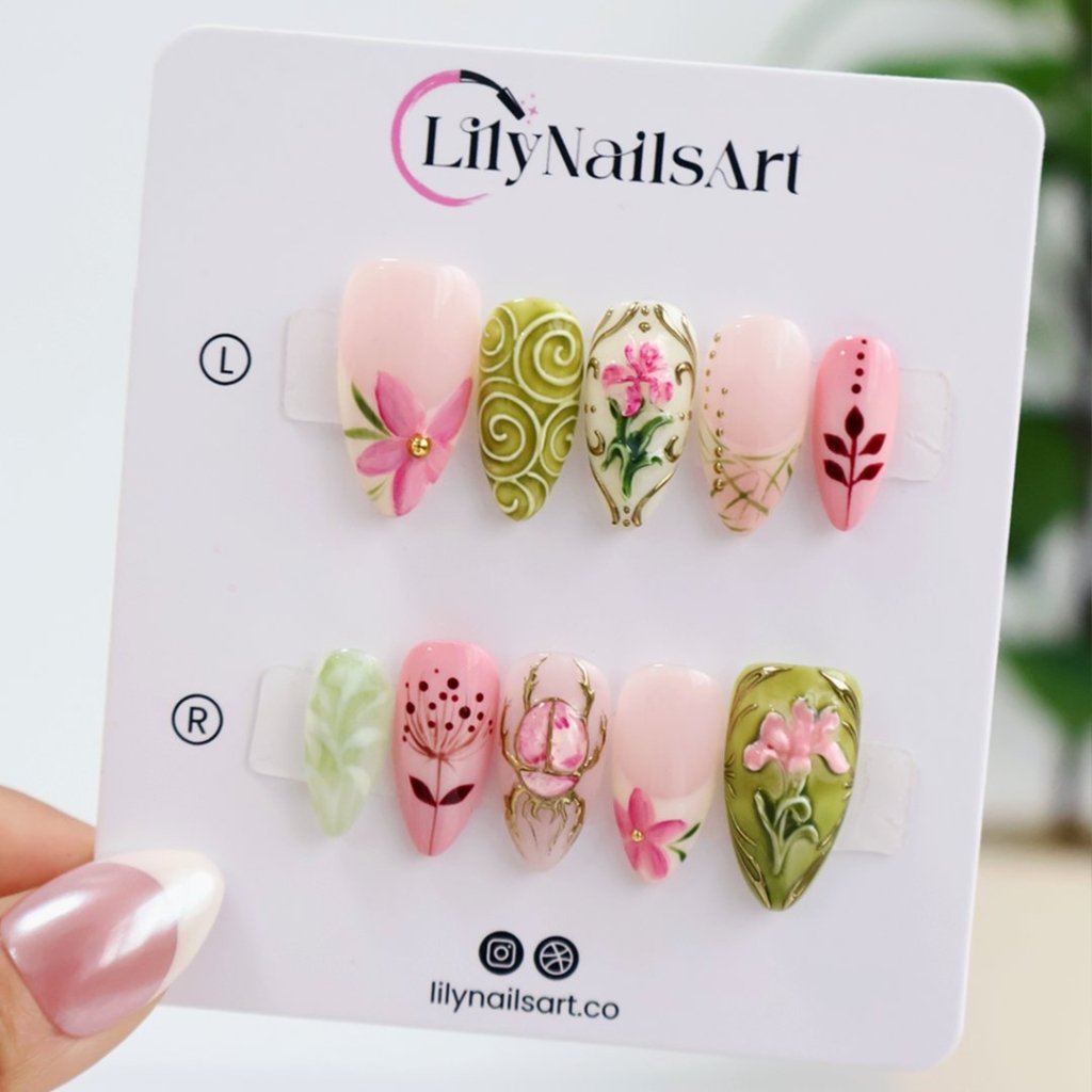 Handmade Green press on nails with Beetle, Floral & Leaf, Medium Almond luxury handmade nail art, false nails, pressons — perfect for Holiday, Vacation, Birthday
