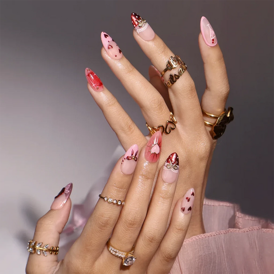 Handmade Pink press on nails with Love Candy, Lace & Ribbon, Medium Almond luxury handmade nail art, false nails, pressons — perfect for Valentine Date Night 