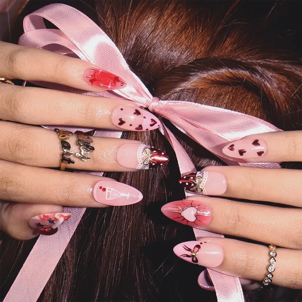 Handmade Pink press on nails with Love Candy, Lace & Ribbon, Medium Almond luxury handmade nail art, false nails, pressons — perfect for Valentine Date Night 