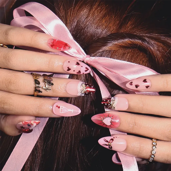 Handmade Pink press on nails with Love Candy, Lace & Ribbon, Medium Almond luxury handmade nail art, false nails, pressons — perfect for Valentine Date Night 