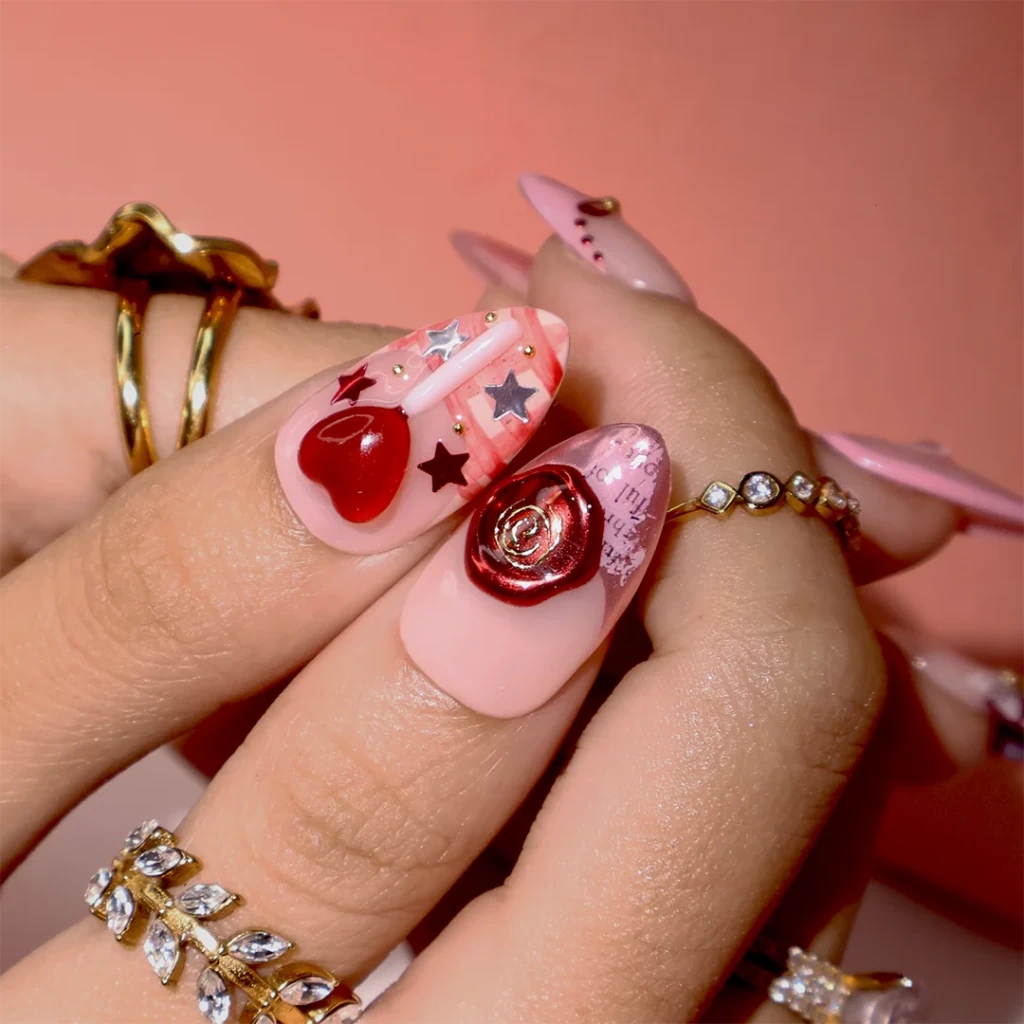 Handmade Pink press on nails with Love Candy, Lace & Ribbon, Medium Almond luxury handmade nail art, false nails, pressons — perfect for Valentine Date Night 