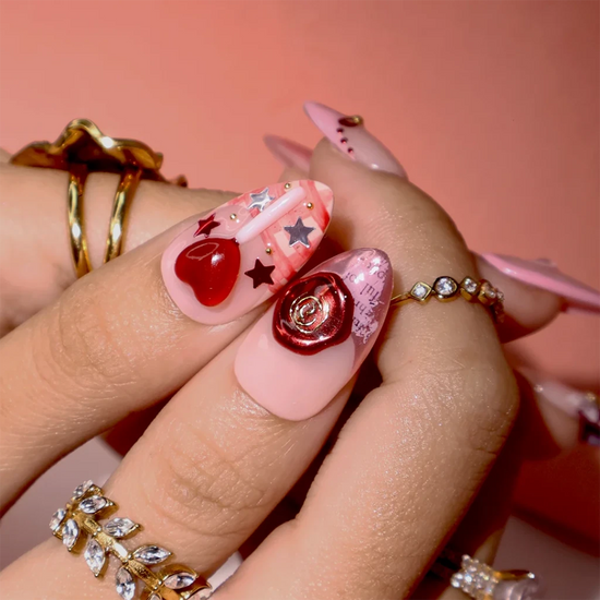 Handmade Pink press on nails with Love Candy, Lace & Ribbon, Medium Almond luxury handmade nail art, false nails, pressons — perfect for Valentine Date Night 