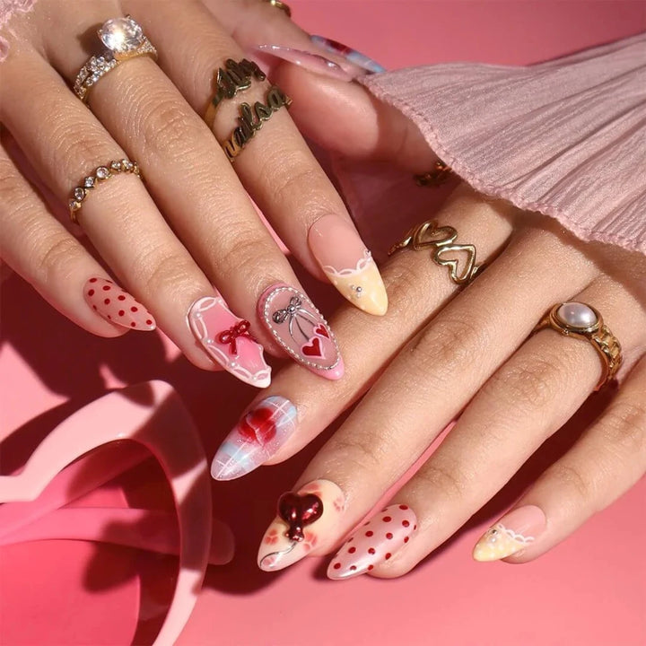 Handmade Pink press on nails with Bow, 3D Heart & Polka Dot, Medium Almond luxury handmade nail art, false nails, pressons — perfect for Valentine Date Night 