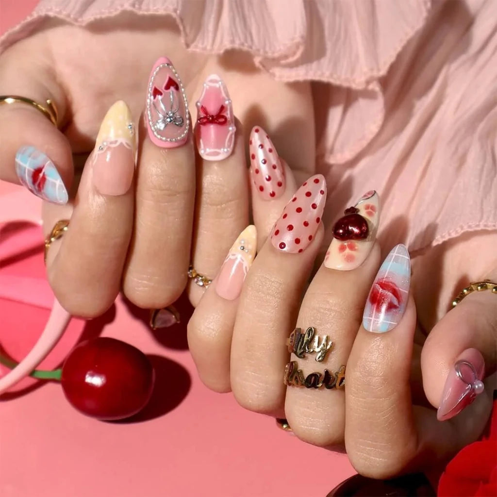 Handmade Pink press on nails with Bow, 3D Heart & Polka Dot, Medium Almond luxury handmade nail art, false nails, pressons — perfect for Valentine Date Night 