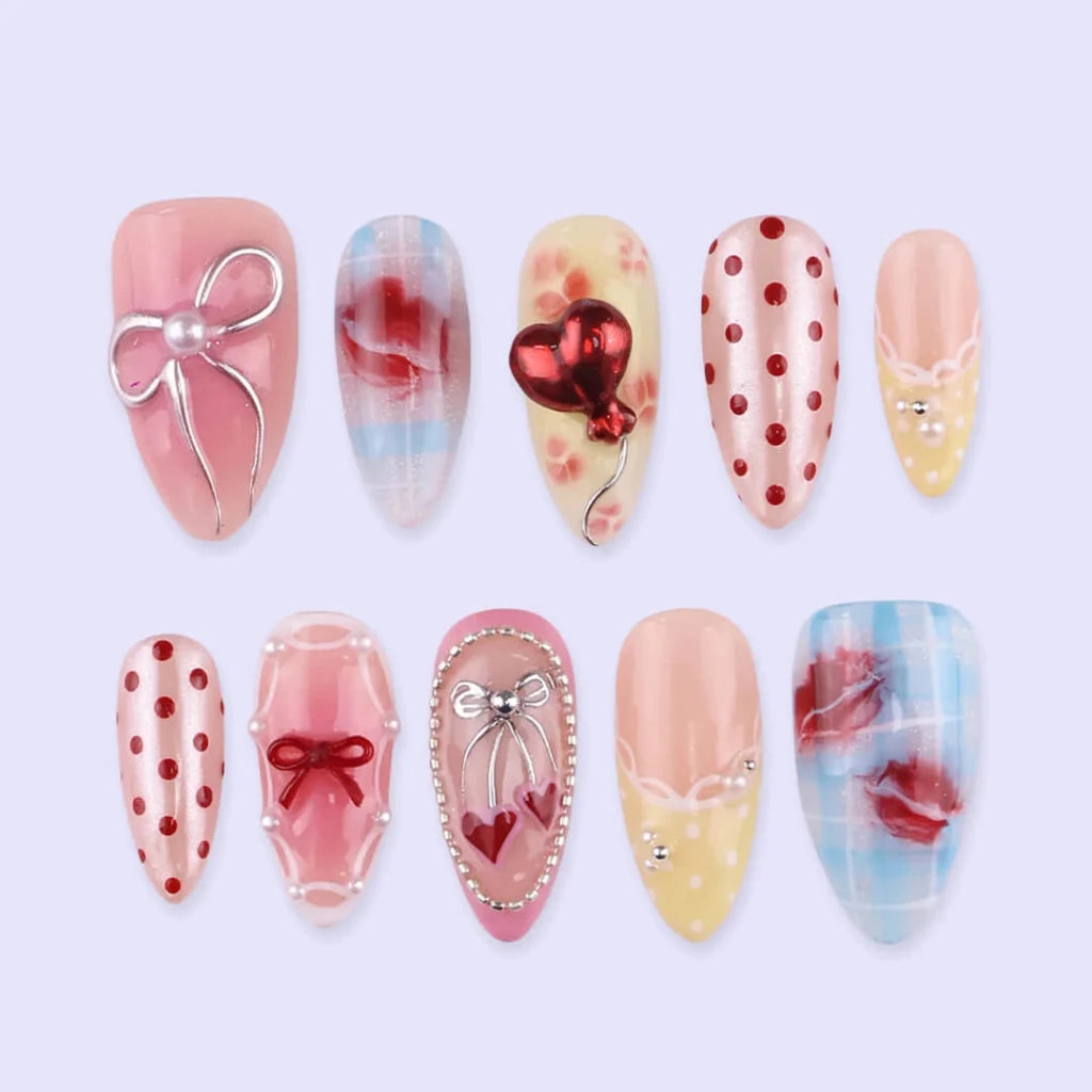 Handmade Pink press on nails with Bow, 3D Heart & Polka Dot, Medium Almond luxury handmade nail art, false nails, pressons — perfect for Valentine Date Night 