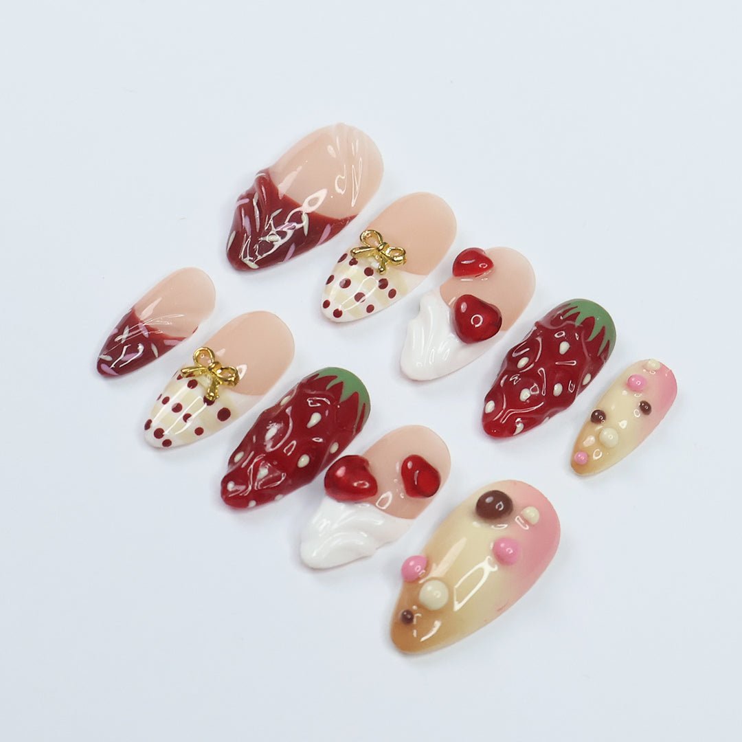 love struck - Strawberry Dessert Press-On Nails – Handmade 3D design with strawberries, whipped cream, and chocolate-inspired accents. Perfect for holiday, vacation, valentine day, birthday nails, or a thoughtful gift for her yummy 3d cartoon dessert donut press on nails hearts and straberries nail art milkshake nails