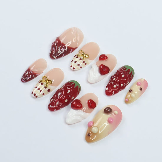 love struck - Strawberry Dessert Press-On Nails – Handmade 3D design with strawberries, whipped cream, and chocolate-inspired accents. Perfect for holiday, vacation, valentine day, birthday nails, or a thoughtful gift for her yummy 3d cartoon dessert donut press on nails hearts and straberries nail art milkshake nails