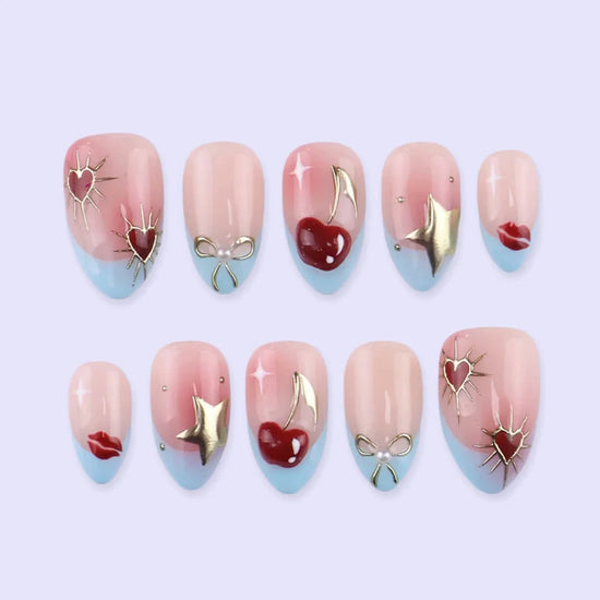 Handmade Blue press on nails with Cherry Details & French Tip, Medium Almond luxury handmade nail art, false nails, pressons — perfect for Valentine Date Night 