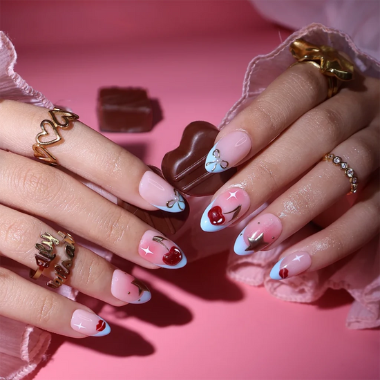 Handmade Blue press on nails with Cherry Details & French Tip, Medium Almond luxury handmade nail art, false nails, pressons — perfect for Valentine Date Night 