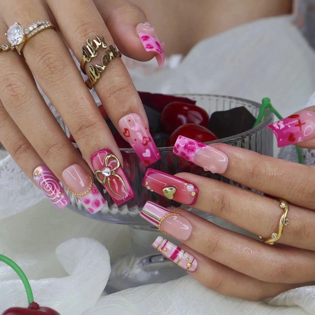 Handmade Pink press on nails with Golden Bow & Heart, Medium Square luxury handmade nail art, false nails, pressons — perfect for Valentine Date Night 