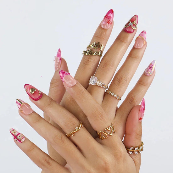 Handmade Pink press on nails with Golden Bow & Heart, Medium Almond luxury handmade nail art, false nails, pressons — perfect for Valentine Date Night 