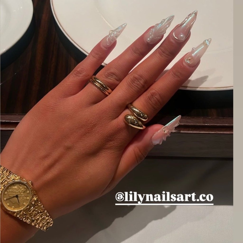 Pearlescent 3D press on nails with mermaid designs, gold chrome accents, and pearl embellishments — luxury handmade bridal nails, perfect for weddings, formal events, and birthday, vacation