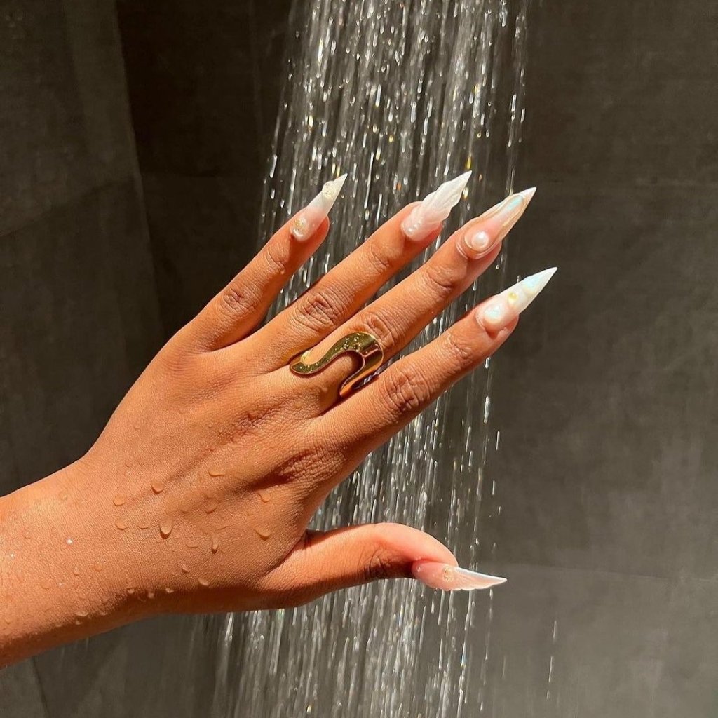 Pearlescent 3D press on nails with mermaid designs, gold chrome accents, and pearl embellishments — luxury handmade bridal nails, perfect for weddings, formal events, and birthday, vacation