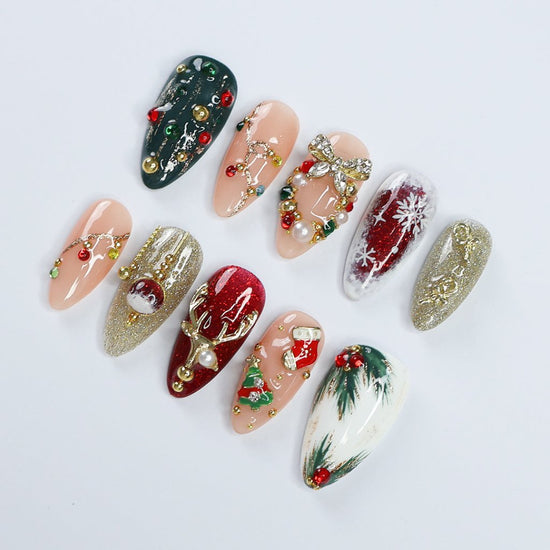  Green & Red 3D Flowers Wreath Medium Almond Press on nails, Handmade Christmas False Nails for Holiday, Vacation, Birthday, Prom Nails. Gift for Her