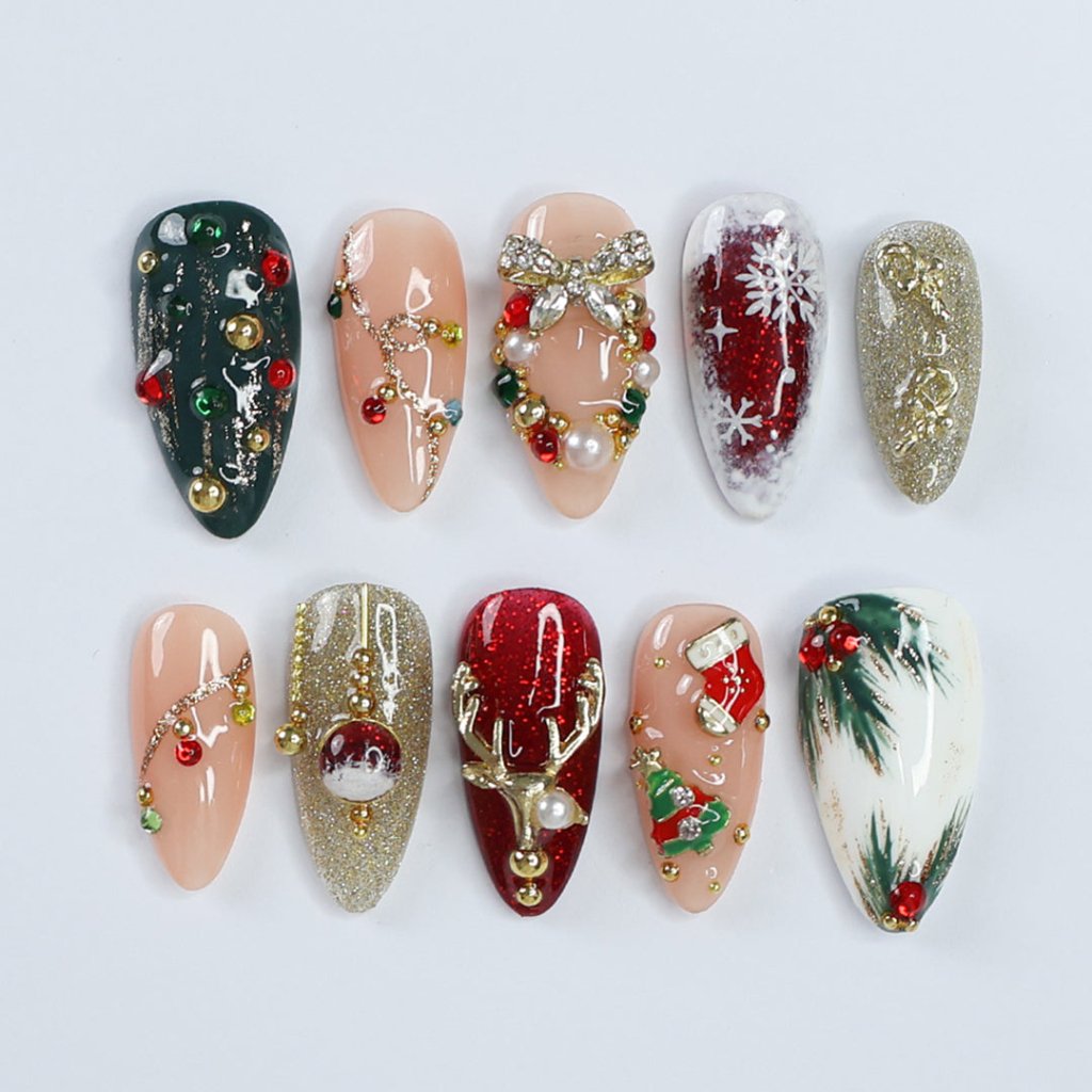  Green & Red 3D Flowers Wreath Medium Almond Press on nails, Handmade Christmas False Nails for Holiday, Vacation, Birthday, Prom Nails. Gift for Her