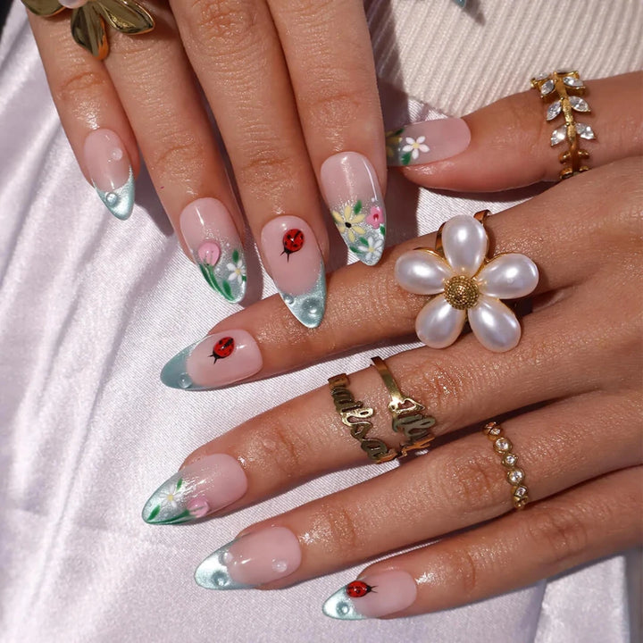 Handmade Blue press on nails with Floral, Ladybug & French Tip, Medium Almond luxury handmade nail art, false nails, pressons — perfect for Holiday, Vacation, Birthday