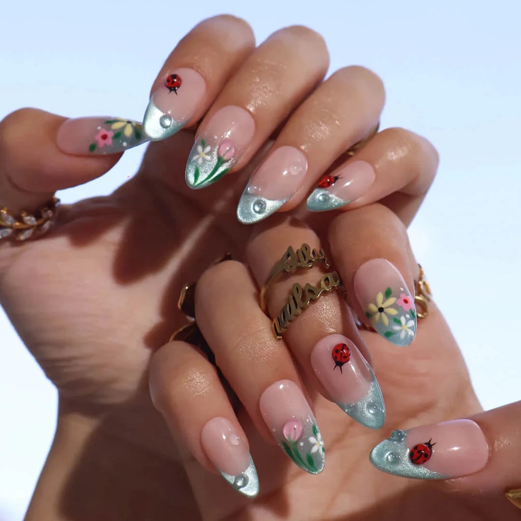 Handmade Blue press on nails with Floral, Ladybug & French Tip, Medium Almond luxury handmade nail art, false nails, pressons — perfect for Holiday, Vacation, Birthday