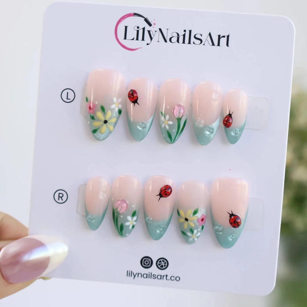 Handmade Blue press on nails with Floral, Ladybug & French Tip, Medium Almond luxury handmade nail art, false nails, pressons — perfect for Holiday, Vacation, Birthday
