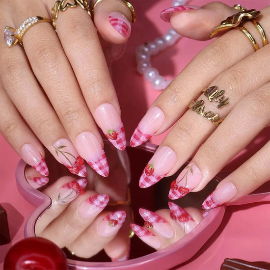 Handmade Pink press on nails with Cute Cherry, Medium Almond luxury handmade nail art, false nails, pressons — perfect for Valentine Date Night 