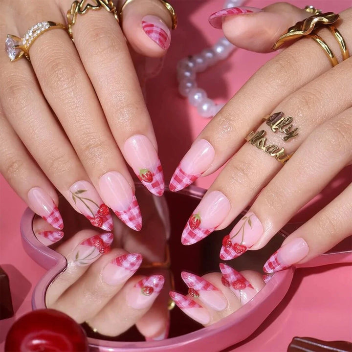Handmade Pink press on nails with Cute Cherry, Medium Almond luxury handmade nail art, false nails, pressons — perfect for Valentine Date Night 