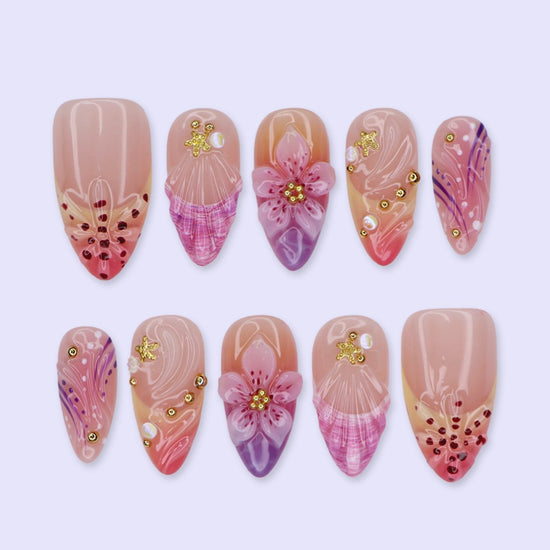 Handmade summer press-on nails with rose and lavender watercolour florals, 3D bloom centrepiece and gold star embellishments by Lily Nails Art
