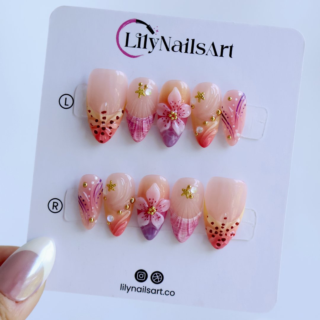 Handmade summer press-on nails with rose and lavender watercolour florals, 3D bloom centrepiece and gold star embellishments by Lily Nails Art