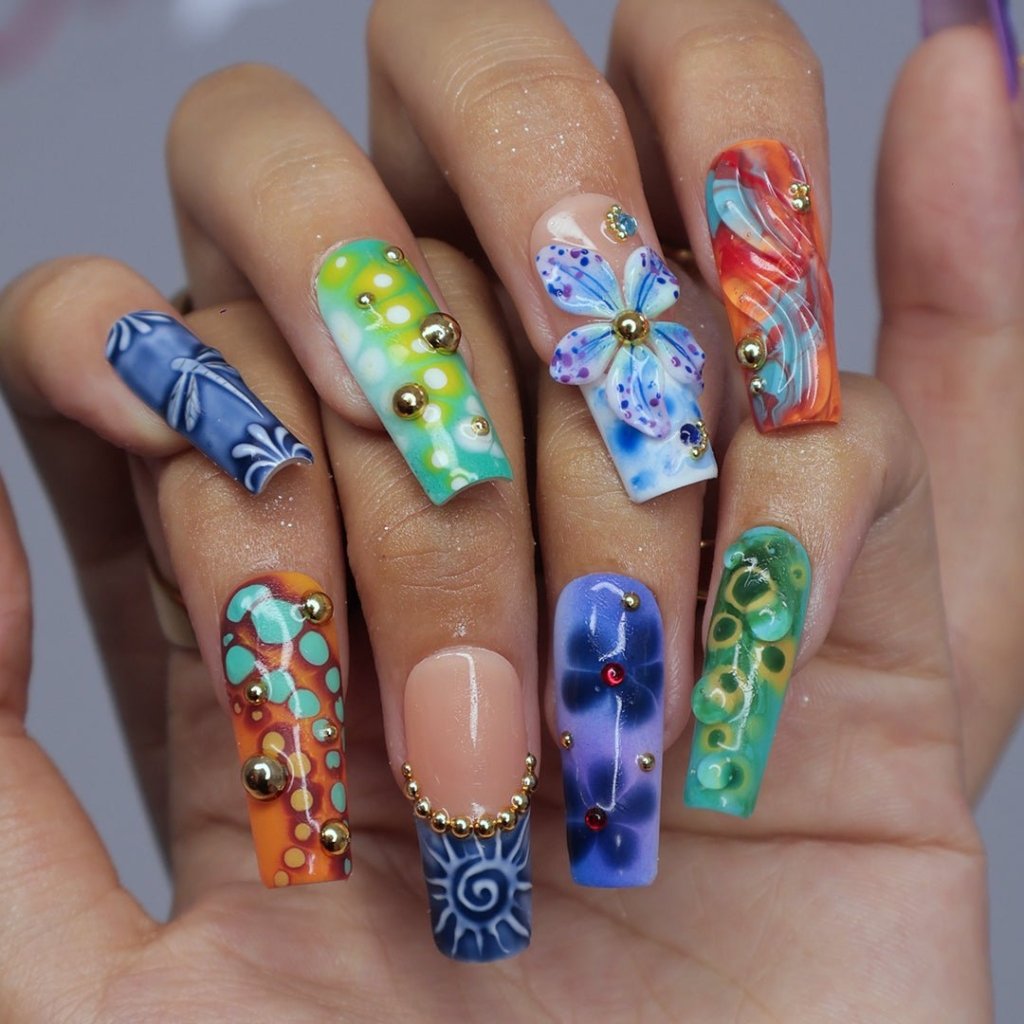 3D abstract press on nails with ocean-inspired patterns, dragonflies, sculpted florals, and swirl textures in deep green, navy, orange, and teal tones — handmade summer nails, tropical press on nails, luxury fake nails, false nails, pressons — perfect for bold vacation looks, artistic nail lovers, or gifting for her.