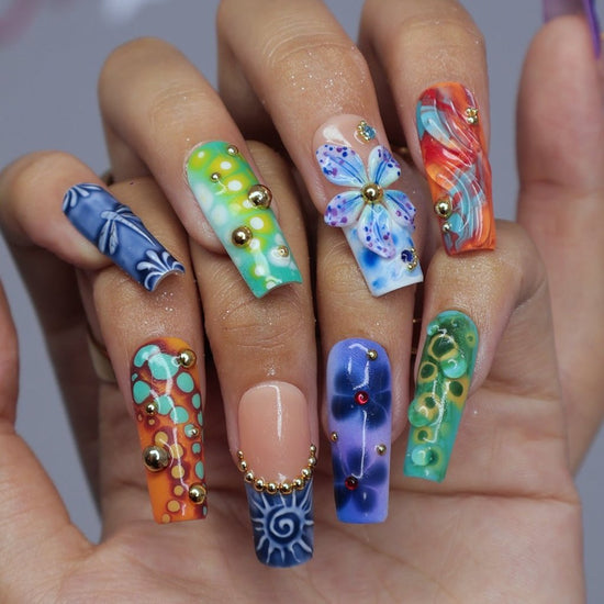 3D abstract press on nails with ocean-inspired patterns, dragonflies, sculpted florals, and swirl textures in deep green, navy, orange, and teal tones — handmade summer nails, tropical press on nails, luxury fake nails, false nails, pressons — perfect for bold vacation looks, artistic nail lovers, or gifting for her.