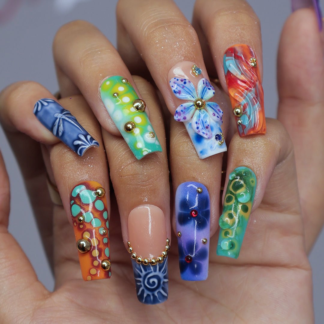 3D abstract press on nails with ocean-inspired patterns, dragonflies, sculpted florals, and swirl textures in deep green, navy, orange, and teal tones — handmade summer nails, tropical press on nails, luxury fake nails, false nails, pressons — perfect for bold vacation looks, artistic nail lovers, or gifting for her.