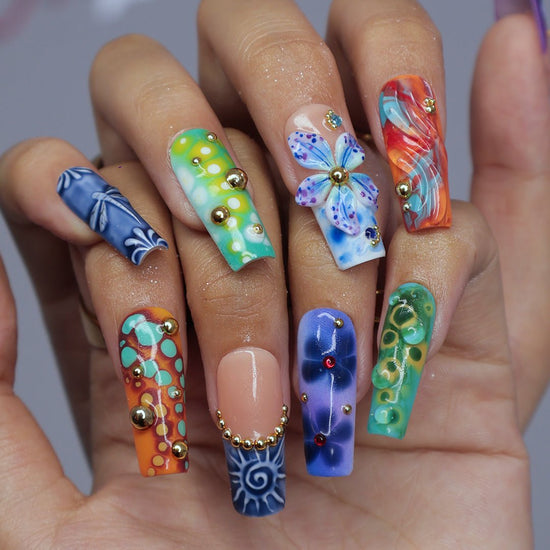 3D abstract press on nails with ocean-inspired patterns, dragonflies, sculpted florals, and swirl textures in deep green, navy, orange, and teal tones — handmade summer nails, tropical press on nails, luxury fake nails, false nails, pressons — perfect for bold vacation looks, artistic nail lovers, or gifting for her.