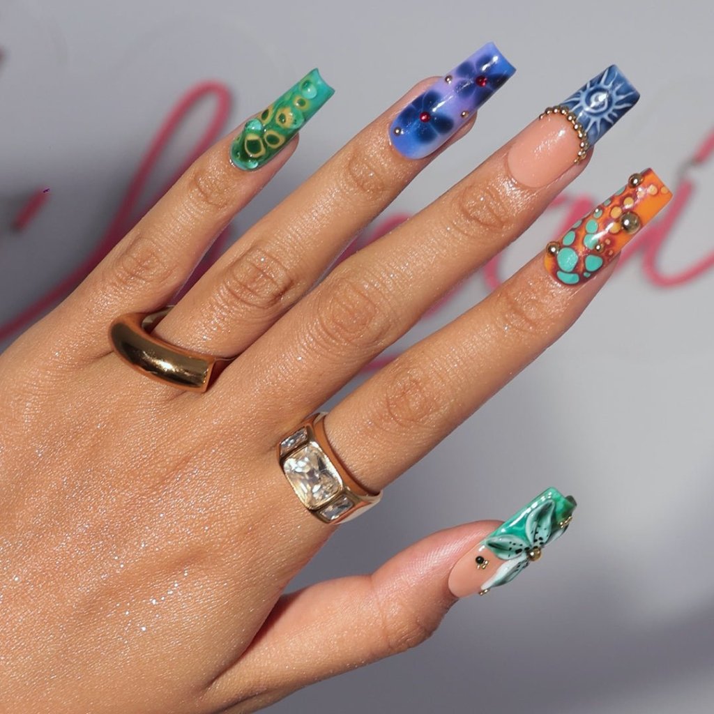 3D abstract press on nails with ocean-inspired patterns, dragonflies, sculpted florals, and swirl textures in deep green, navy, orange, and teal tones — handmade summer nails, tropical press on nails, luxury fake nails, false nails, pressons — perfect for bold vacation looks, artistic nail lovers, or gifting for her.