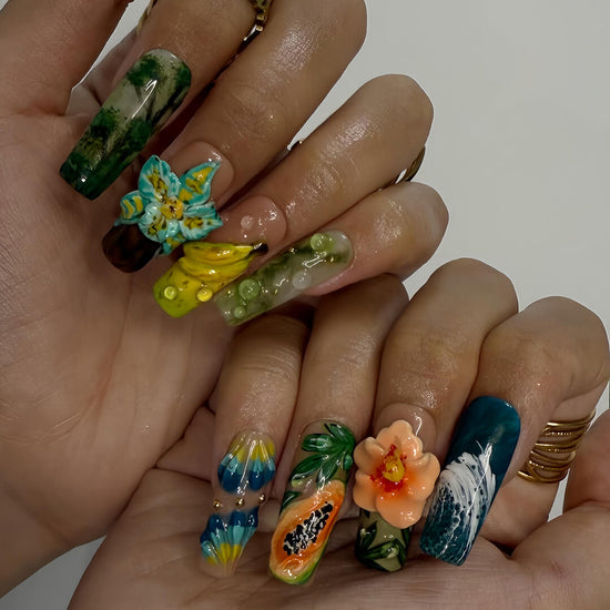 3D tropical press on nails featuring sculpted papaya, banana, florals, and rainforest textures in green, teal, and coral hues — luxury handmade long square nail art with fruit and botanical elements — perfect for vacation looks, jungle-inspired outfits