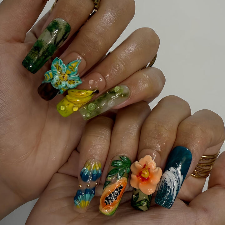 3D tropical press on nails featuring sculpted papaya, banana, florals, and rainforest textures in green, teal, and coral hues — luxury handmade long square nail art with fruit and botanical elements — perfect for vacation looks, jungle-inspired outfits