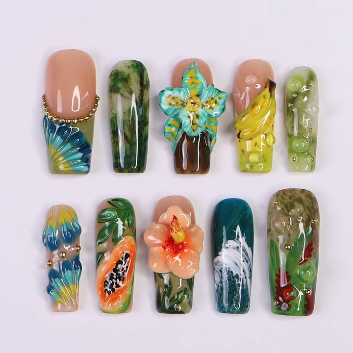 3D tropical press on nails featuring sculpted papaya, banana, florals, and rainforest textures in green, teal, and coral hues — luxury handmade long square nail art with fruit and botanical elements — perfect for vacation looks, jungle-inspired outfits
