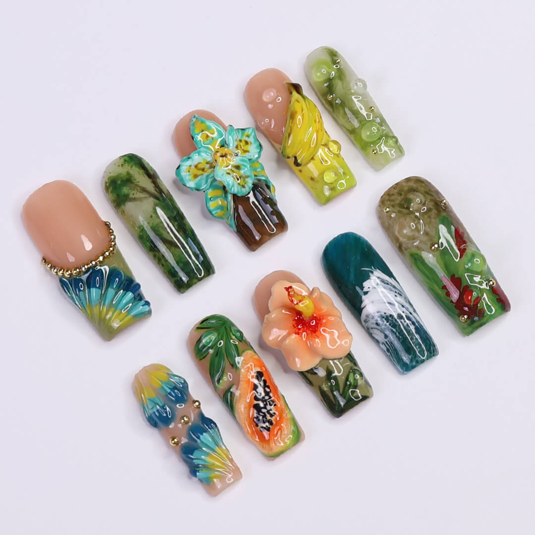 3D tropical press on nails featuring sculpted papaya, banana, florals, and rainforest textures in green, teal, and coral hues — luxury handmade long square nail art with fruit and botanical elements — perfect for vacation looks, jungle-inspired outfits
