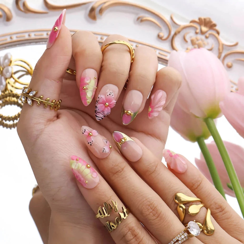 Handmade Pink press on nails with 3D Floral & Gold Frame, Medium Almond luxury handmade nail art, false nails, pressons — perfect for Holiday, Vacation, Birthday
