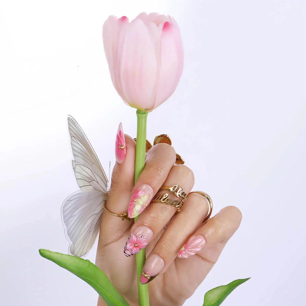 Handmade Pink press on nails with 3D Floral & Gold Frame, Medium Almond luxury handmade nail art, false nails, pressons — perfect for Holiday, Vacation, Birthday