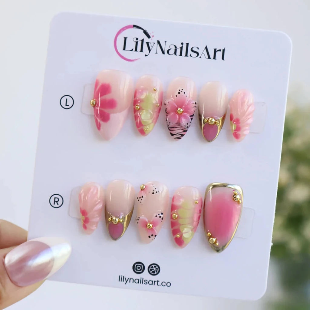 Handmade Pink press on nails with 3D Floral & Gold Frame, Medium Almond luxury handmade nail art, false nails, pressons — perfect for Holiday, Vacation, Birthday