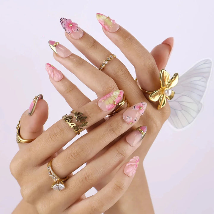 Handmade Pink press on nails with 3D Floral & Gold Frame, Medium Almond luxury handmade nail art, false nails, pressons — perfect for Holiday, Vacation, Birthday