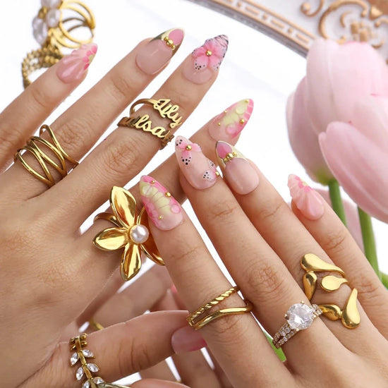 Handmade Pink press on nails with 3D Floral & Gold Frame, Medium Almond luxury handmade nail art, false nails, pressons — perfect for Holiday, Vacation, Birthday